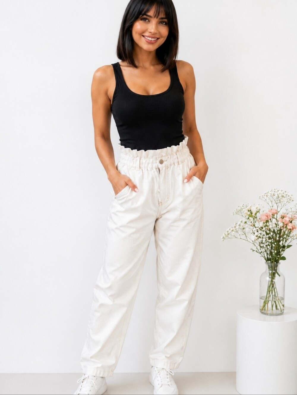 Zara  Cotton Paperbag Waist Pants | High Rise Tapered Leg White Trousers  NWT